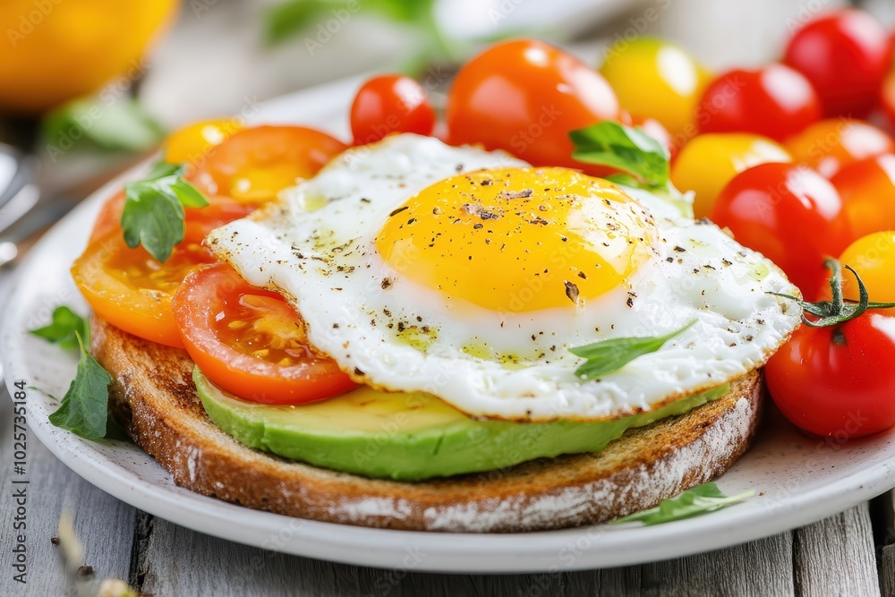 Healthy avocado toast with fried egg cherry tomatoes on rustic table Healthy avocado toast with fried egg cherry tomatoes on rustic table