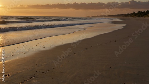 Peaceful Empty Shoreline at Dusk with Golden Sand and Ocean Views