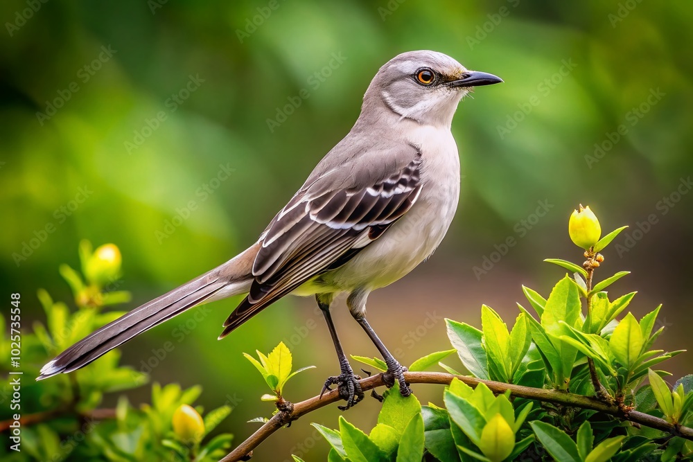 Majestic Mockingbird Perched Gracefully on a Branch with Lush Green Foliage in the Background Majestic Mockingbird Perched Gracefully on a Branch with Lush Green Foliage in the Background