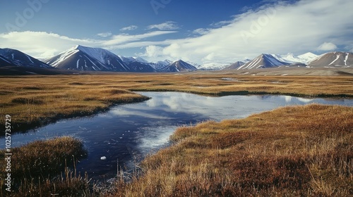 An Arctic landscape with thawing permafrost, causing the ground to sink and release stored carbon into the atmosphere.