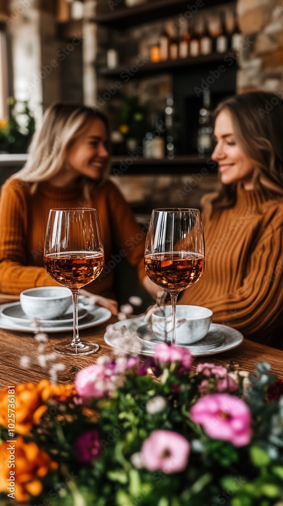 Two women enjoying a cozy moment with wine and flowers in a warm, inviting setting. Two women enjoying a cozy moment with wine and flowers in a warm, inviting setting.