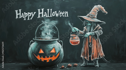 Chalk Drawing on a Blackboard Featuring a Halloween Theme with 