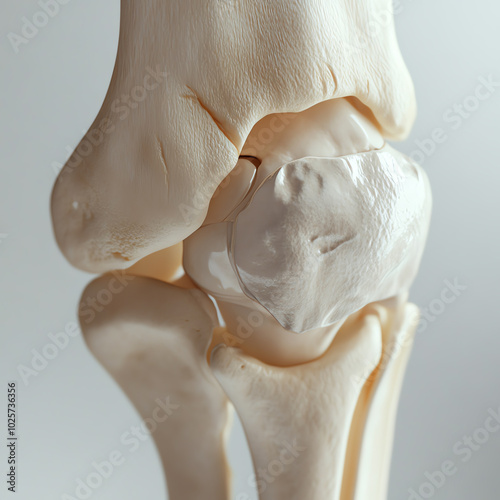 A close-up of a knee joint, showing the bones, ligaments, and cartilage.