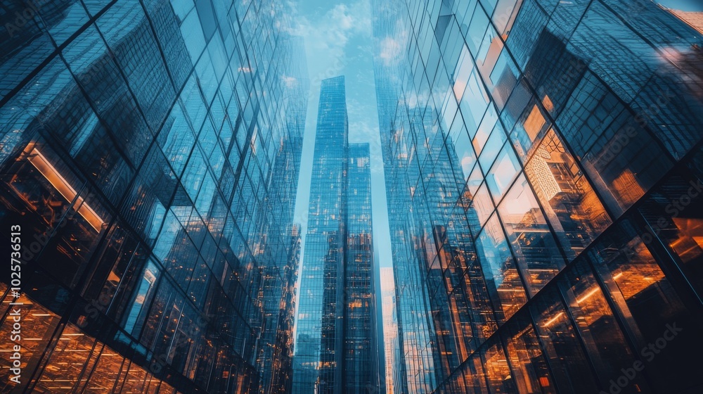 Fototapeta premium Low angle view of modern skyscrapers with glass facades reflecting the blue sky.