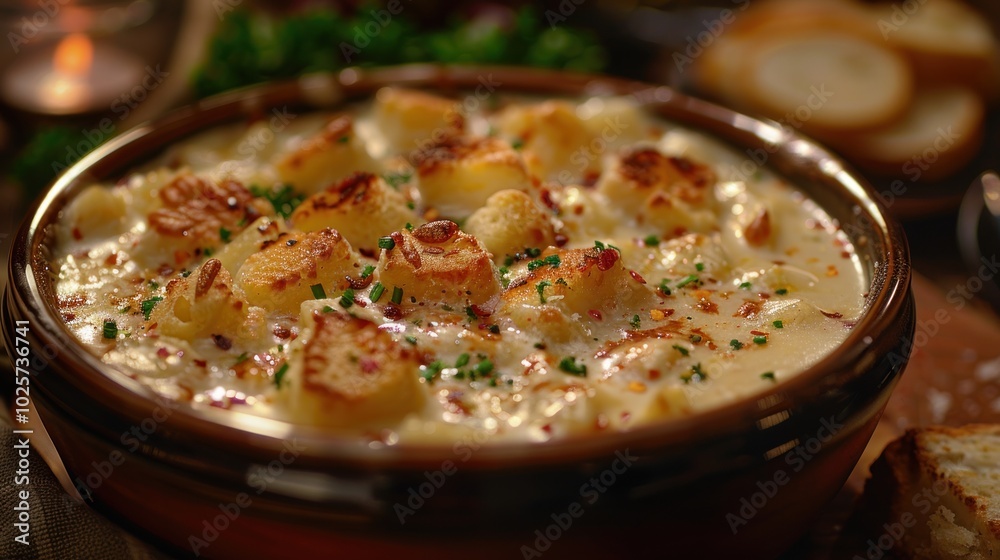 Warm potato casserole with a creamy sauce and crispy topping served in a rustic dish at a cozy dinner setting. Generative AI Warm potato casserole with a creamy sauce and crispy topping served in a rustic dish at a cozy dinner setting. Generative AI