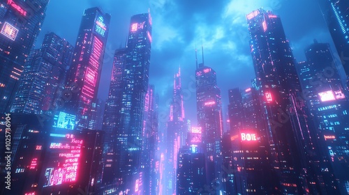 Wallpaper Mural Neon-Lit Futuristic Metropolis Skyline at Night with Illuminated Skyscrapers Torontodigital.ca