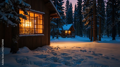 Cozy Snow-Covered Cabin with Warm Light Glowing from the Windows in a Peaceful Winter Scene photo