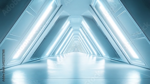 Empty futuristic white hallway with glowing LED lights, modern sci-fi architecture, clean minimalist design, bright corridor, geometric shapes, futuristic interior, sleek futuristic passageway