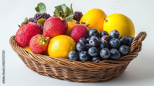 Colorful fruit basket with assorted fresh berries and lemons.