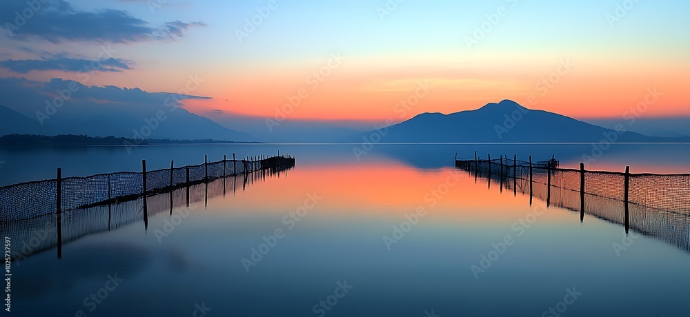Obraz premium Calm lake reflecting a sunset over mountains with fence posts.