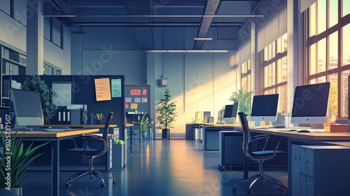 With no staff, a contemporary office area with tables, seats, computers, and office supplies