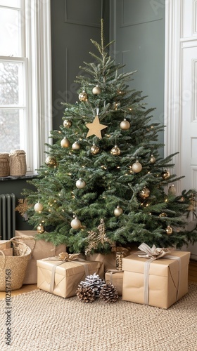 A beautifully decorated Christmas tree with golden ornaments and wrapped gifts, creating a warm holiday atmosphere.