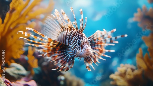 Vibrant Lionfish Swimming Gracefully Among Colorful Coral and Sea Plants