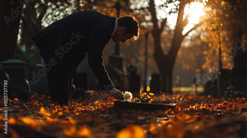 A Person Kneeling in a Cemetery Among Autumn Leaves at Sunset, Remembering a Loved One with a Gentle Gesture.