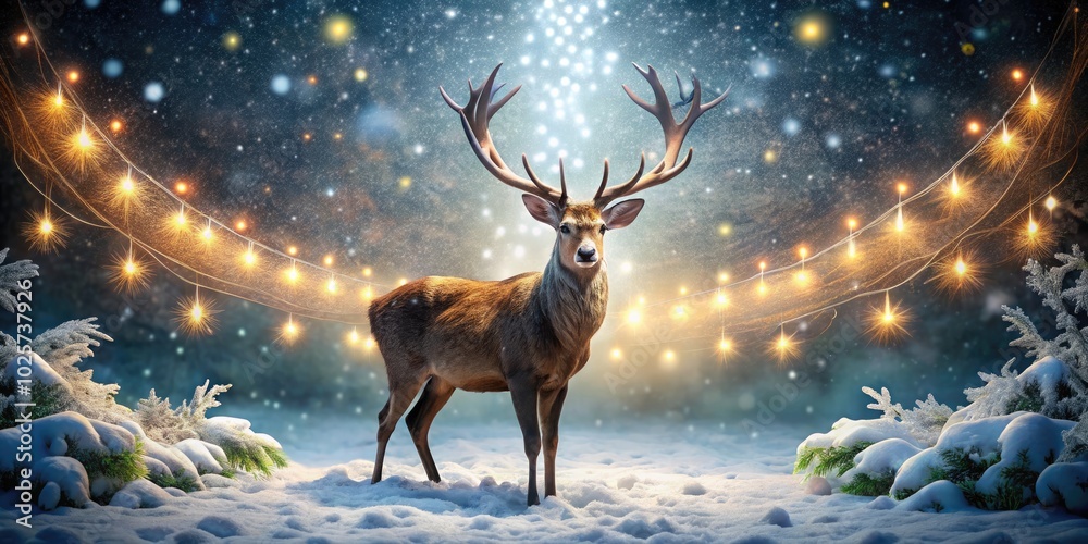 In a serene winter wonderland, a deer shines with Christmas decorations, surrounded by snow, capturing the festive spirit in enchanting night photography. In a serene winter wonderland, a deer shines with Christmas decorations, surrounded by snow, capturing the festive spirit in enchanting night photography.