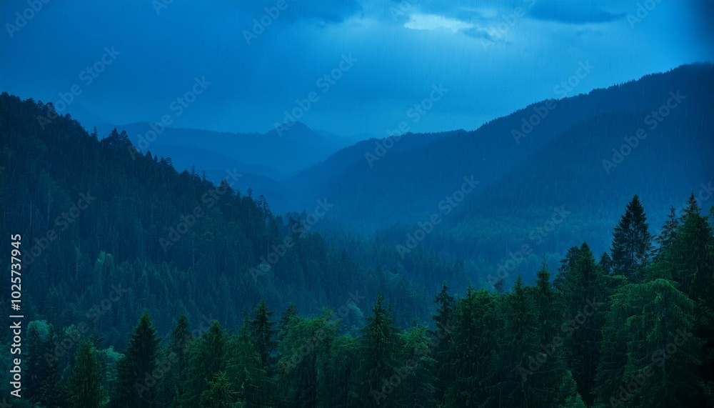 【背景素材】雨が降る朝方の山間の森 【背景素材】雨が降る朝方の山間の森
