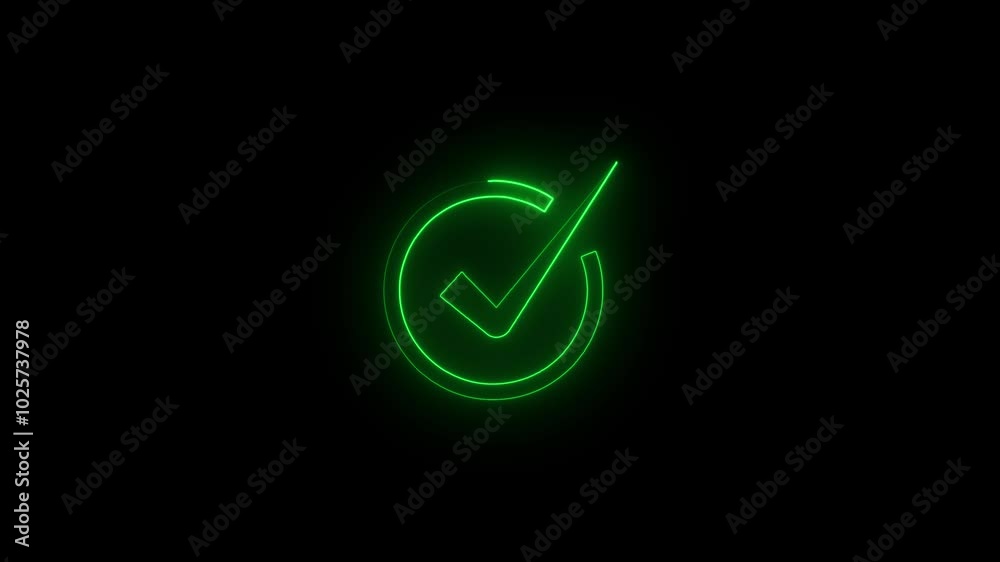 Glowing neon light Check mark icon and tick mark icon. Tick mark, yes, right icon animation. Glowing neon light Check mark icon and tick mark icon. Tick mark, yes, right icon animation.