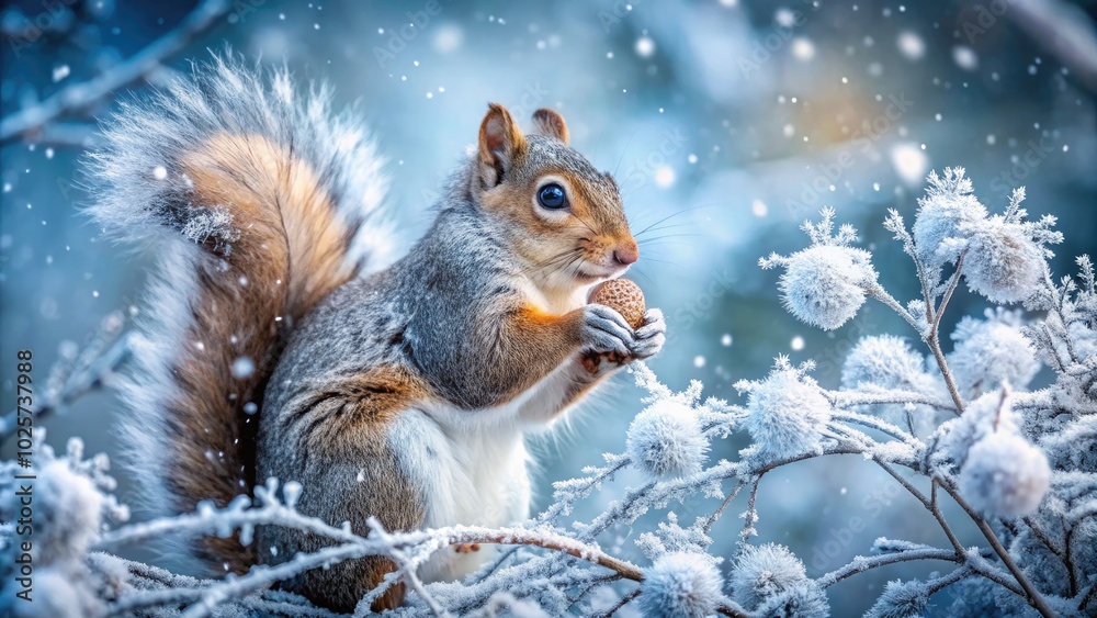 In a snowy paradise, squirrels enchant with their playful nature. Macro photography highlights their delightful features, showcasing winter's magic and capturing every enchanting moment. In a snowy paradise, squirrels enchant with their playful nature. Macro photography highlights their delightful features, showcasing winter's magic and capturing every enchanting moment.