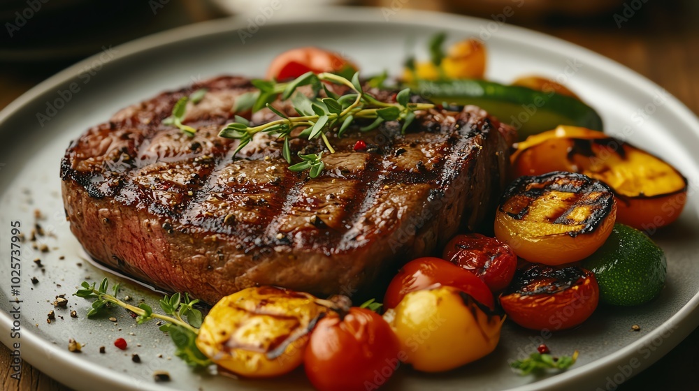 Grilled steak with colorful vegetables on a plate.