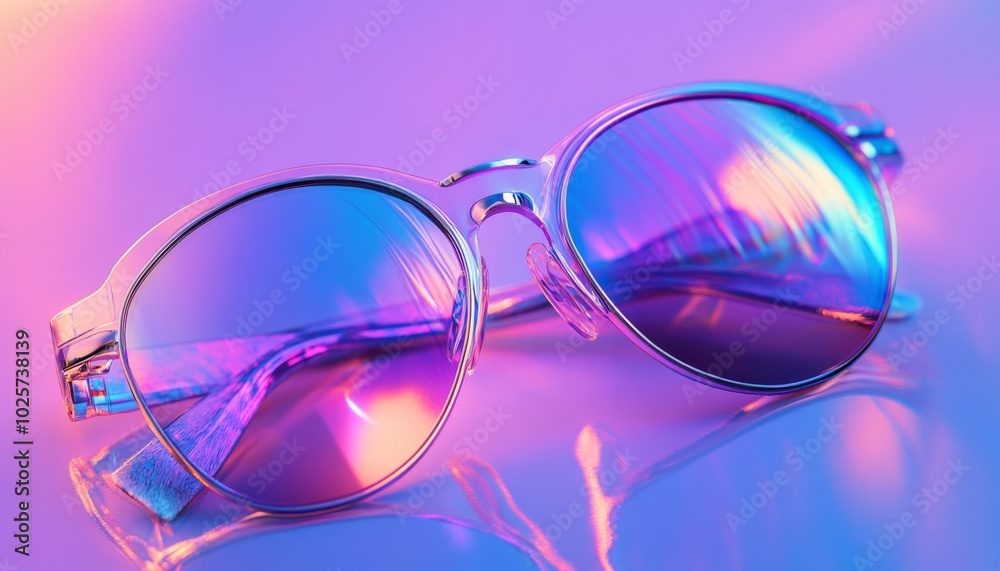 Sunglasses with a purple, blue, and pink iridescent reflection on a purple background. Sunglasses with a purple, blue, and pink iridescent reflection on a purple background.