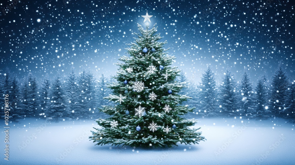 Enchanted winter night with sparkling Christmas tree Enchanted winter night with sparkling Christmas tree