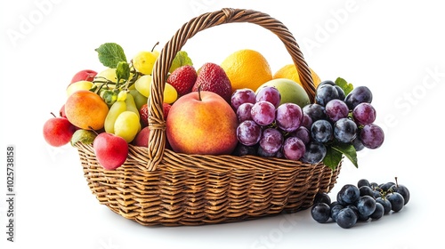 Colorful fruit basket on a white isolated background.