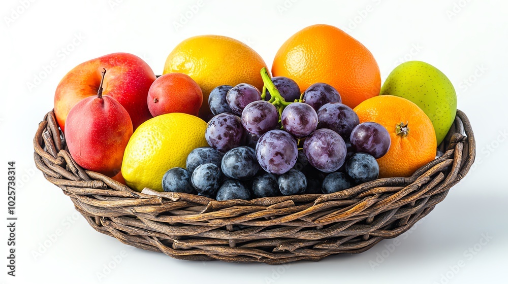 Fresh fruits in a wooden basket on a white isolate background Fresh fruits in a wooden basket on a white isolate background