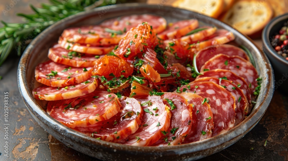 A vibrant array of cured meats garnished with herbs and bright orange citrus on a rustic wooden table. Generative AI