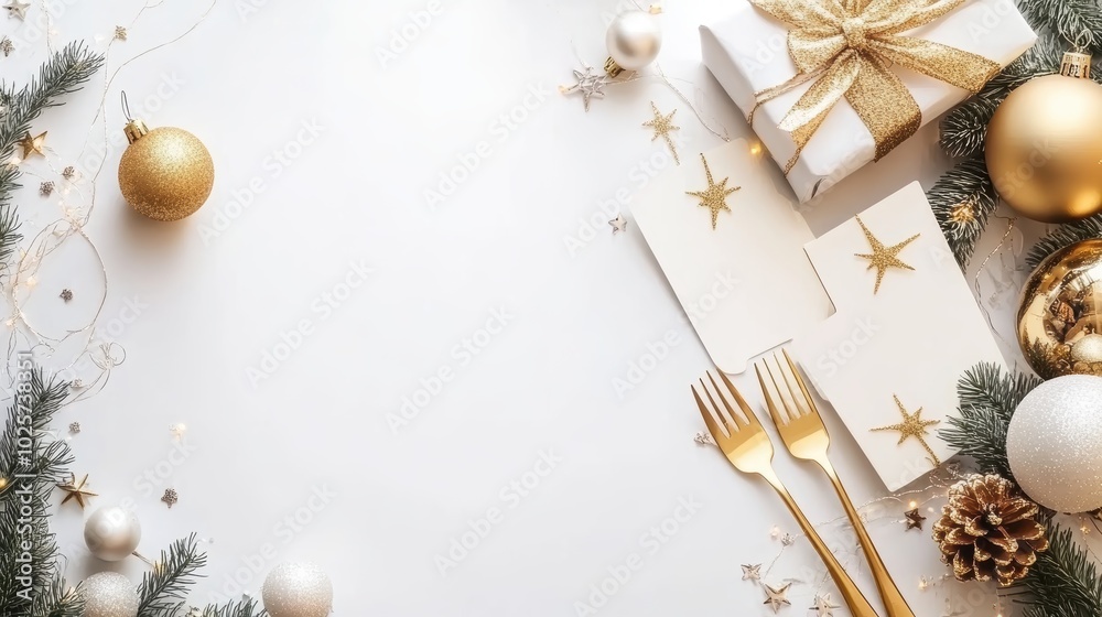 Festive Christmas table setting with golden decorations space for text Festive Christmas table setting with golden decorations space for text