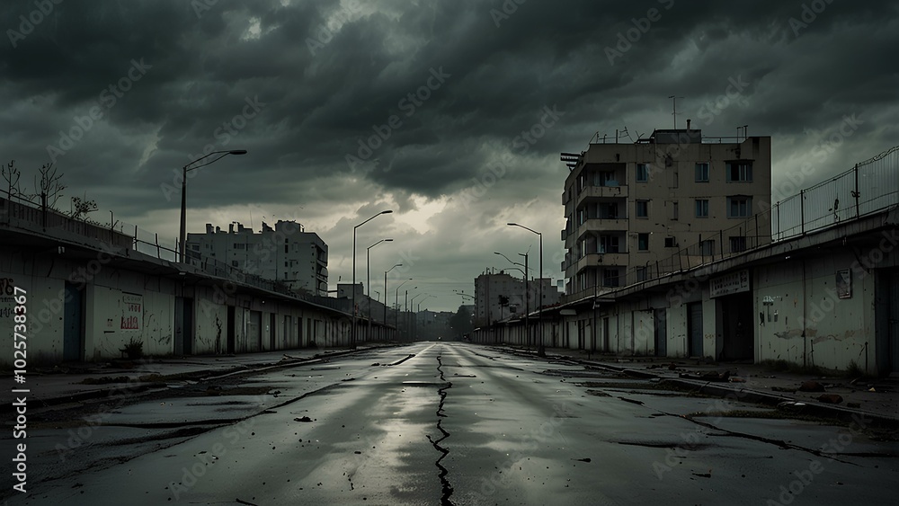 Abandoned Urban Landscape with Broken Roads and Decaying Buildings Abandoned Urban Landscape with Broken Roads and Decaying Buildings
