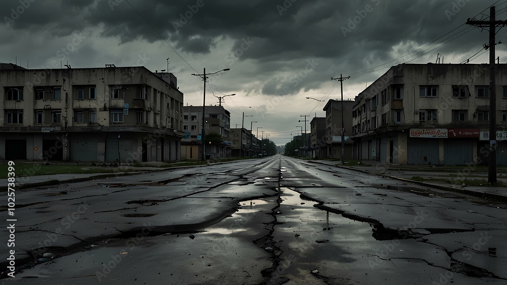 Abandoned Urban Landscape with Broken Roads and Decaying Buildings Abandoned Urban Landscape with Broken Roads and Decaying Buildings