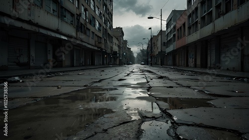 Abandoned Urban Landscape with Broken Roads and Decaying Buildings