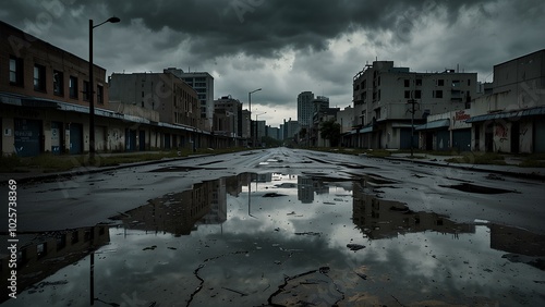 Abandoned Urban Landscape with Broken Roads and Decaying Buildings photo