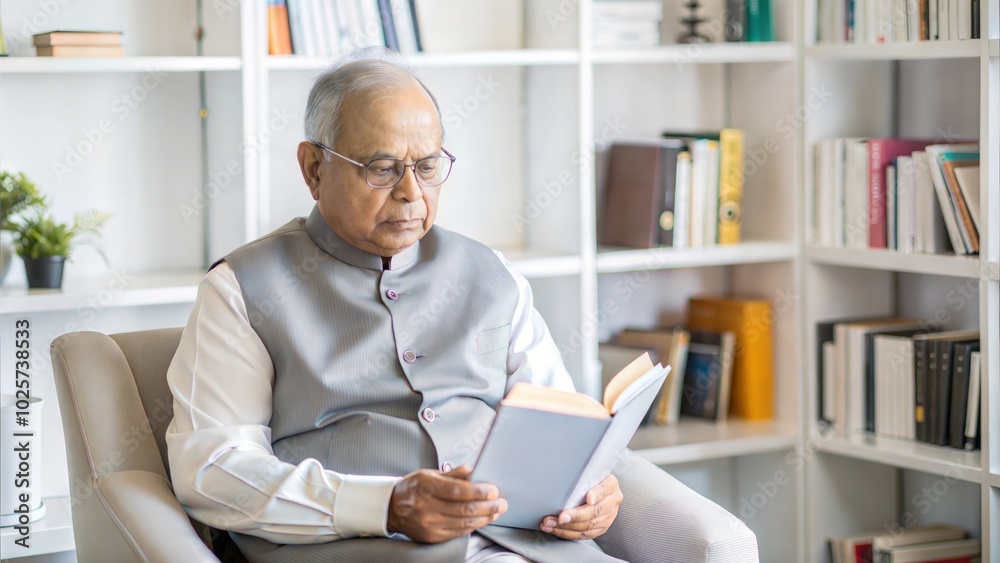 India president or business man relaxing and reading in front of a bookshelf, copy space India president or business man relaxing and reading in front of a bookshelf, copy space