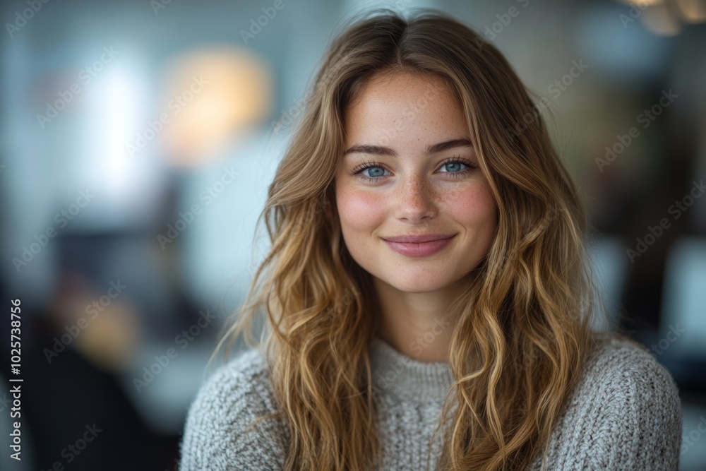 Woman with long brown hair and blue eyes is smiling for the camera. She is wearing a gray sweater and is posing in front of a table. beautiful happy woman looking at camera while sitting at office Woman with long brown hair and blue eyes is smiling for the camera. She is wearing a gray sweater and is posing in front of a table. beautiful happy woman looking at camera while sitting at office