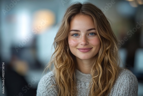 Woman with long brown hair and blue eyes is smiling for the camera. She is wearing a gray sweater and is posing in front of a table. beautiful happy woman looking at camera while sitting at office