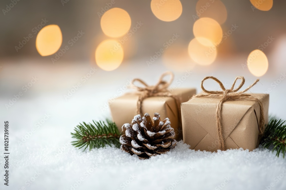 Festive holiday gifts pinecone with twinkling lights background Festive holiday gifts pinecone with twinkling lights background