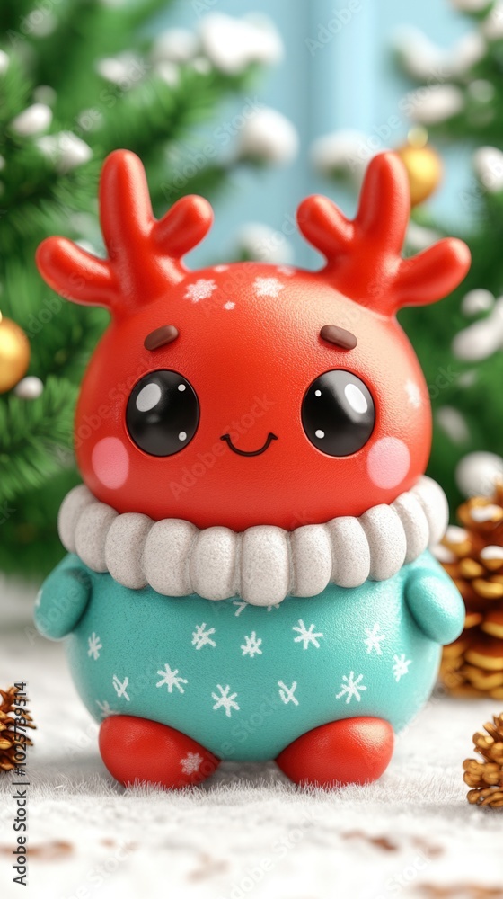 A cheerful toy reindeer figure, adorned with cute features and a cozy winter sweater, perfect for holiday decorations. A cheerful toy reindeer figure, adorned with cute features and a cozy winter sweater, perfect for holiday decorations.