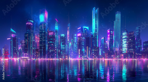Nighttime view of a technologically advanced city with sleek, illuminated skyscrapers. Premium background for the latest technology needs