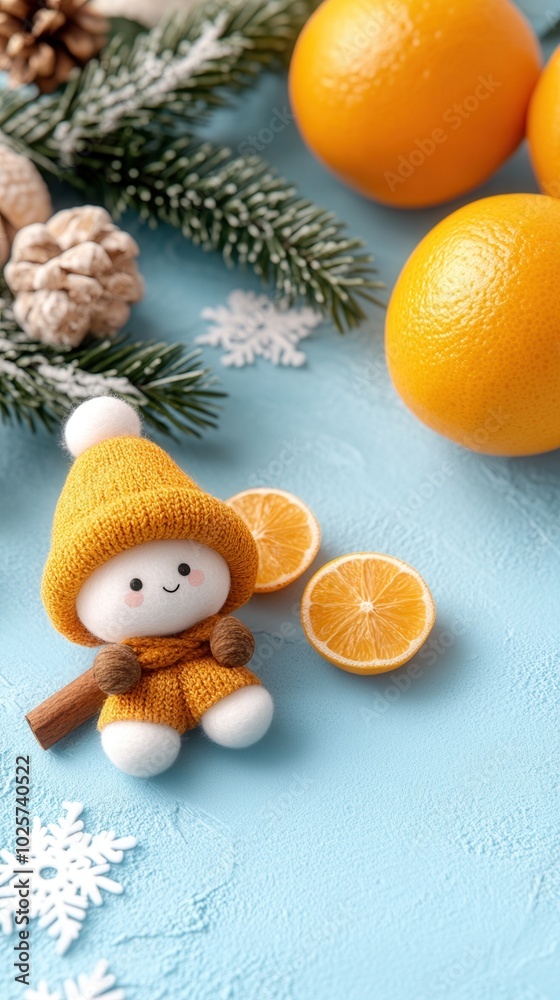 A cute seasonal scene with a plush toy and fresh oranges, perfect for festive celebrations and cheerful moments. A cute seasonal scene with a plush toy and fresh oranges, perfect for festive celebrations and cheerful moments.