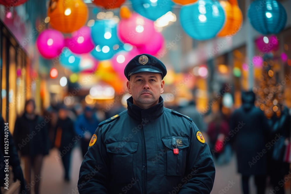 A dedicated security guard stands watch in a vibrant shopping area. Colorful decorations hang overhead creating a festive atmosphere. Safety and style blend together perfectly. Generative AI