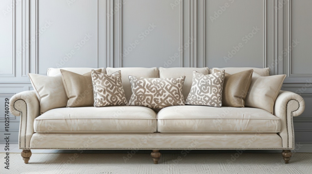 A White Sofa with Ornate Pillows in a Modern Interior A White Sofa with Ornate Pillows in a Modern Interior
