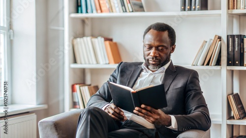 president or business man relaxing and reading in front of a bookshelf, copy space