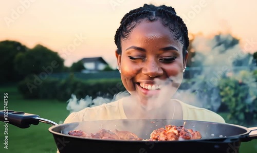 Jamaican Woman Grilling Chicken in Backyard at Dusk