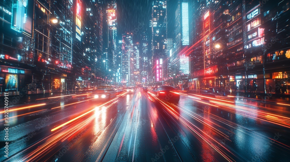 Fototapeta premium Futuristic cityscape with bright lights at night - generative ai