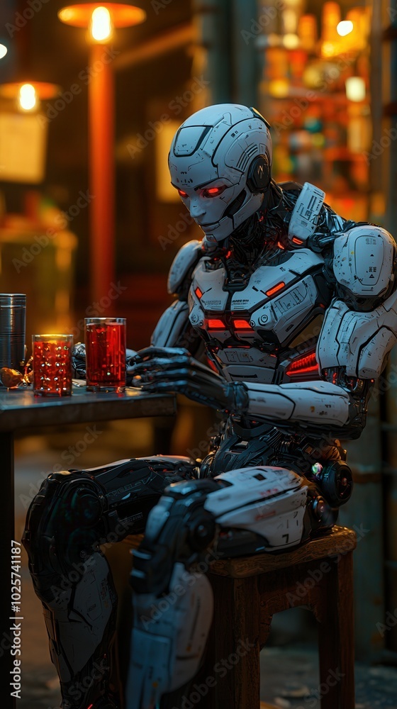 A futuristic robot sitting at a table, showcasing intricate design and ambient lighting in a cyberpunk setting. A futuristic robot sitting at a table, showcasing intricate design and ambient lighting in a cyberpunk setting.