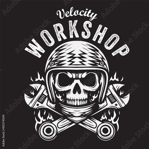 Vintage illustration of a skull head with helmet and wrench