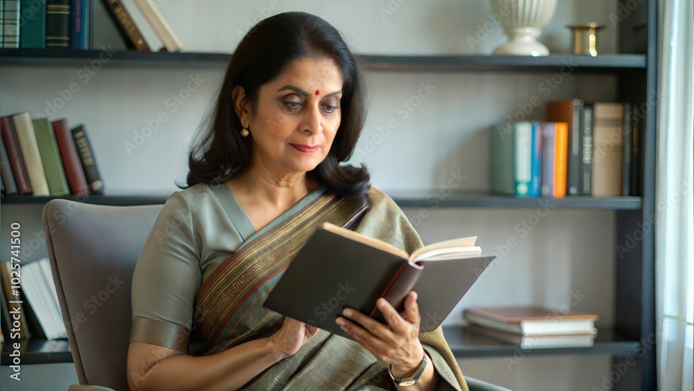 india female president relaxing and reading in front of a bookshelf, copy space india female president relaxing and reading in front of a bookshelf, copy space