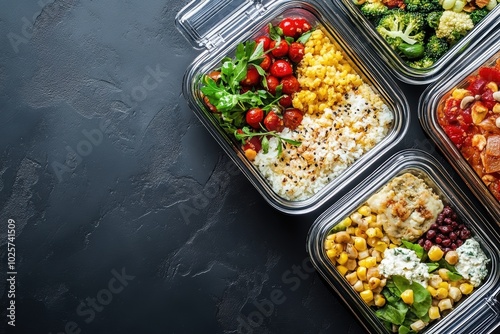Fresh healthy meal prep containers with vegetables, chicken, rice