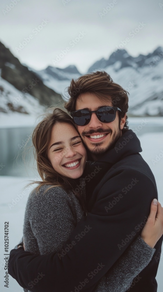 A man and a woman are hugging each other in the snow A man and a woman are hugging each other in the snow